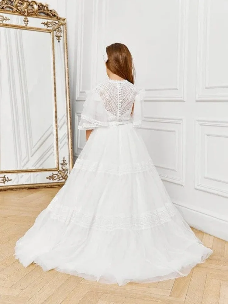 Custom White Flower Girl Dress High Neck Crochet Lace Sheer Ruffle Half Sleeve Multi-Tier Ruffled Tulle Floor Length