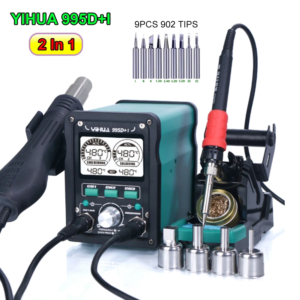 YIHUA 995D+I LED Digital Soldering Station 810W Hot Air Gun Rework Station 110W Electric Soldering Iron For Phone PCB IC SMD BGA