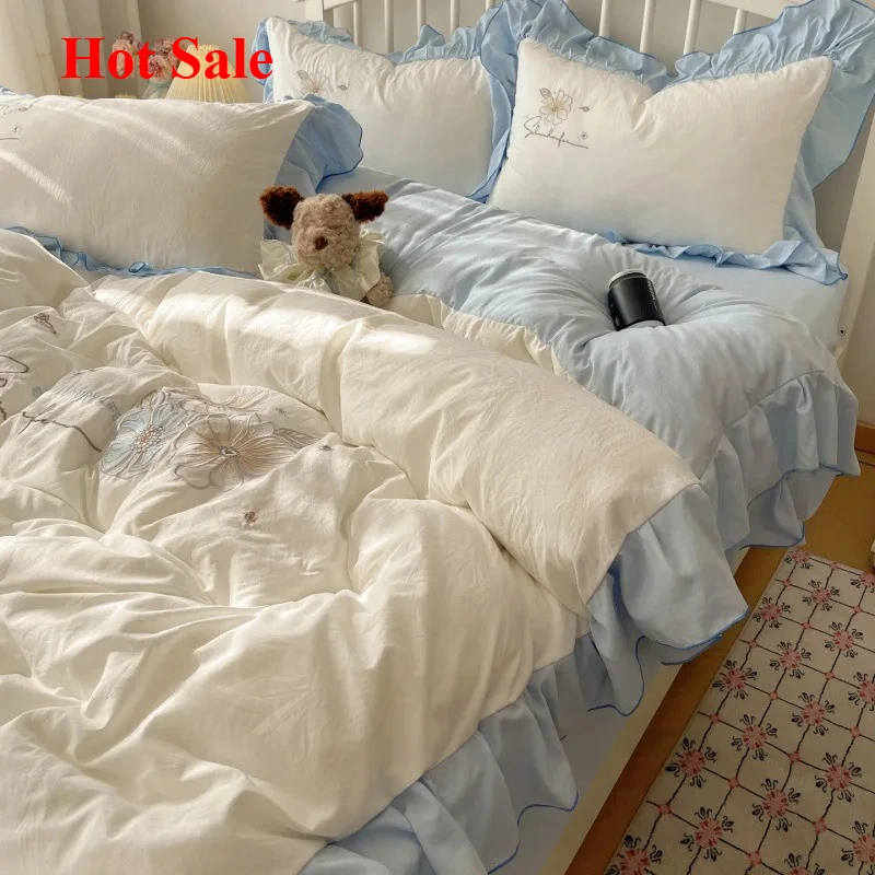 

2025 lace embroidery small fresh and cute girl heart bed four-piece set washed cotton summer sheet quilt cover bed hat