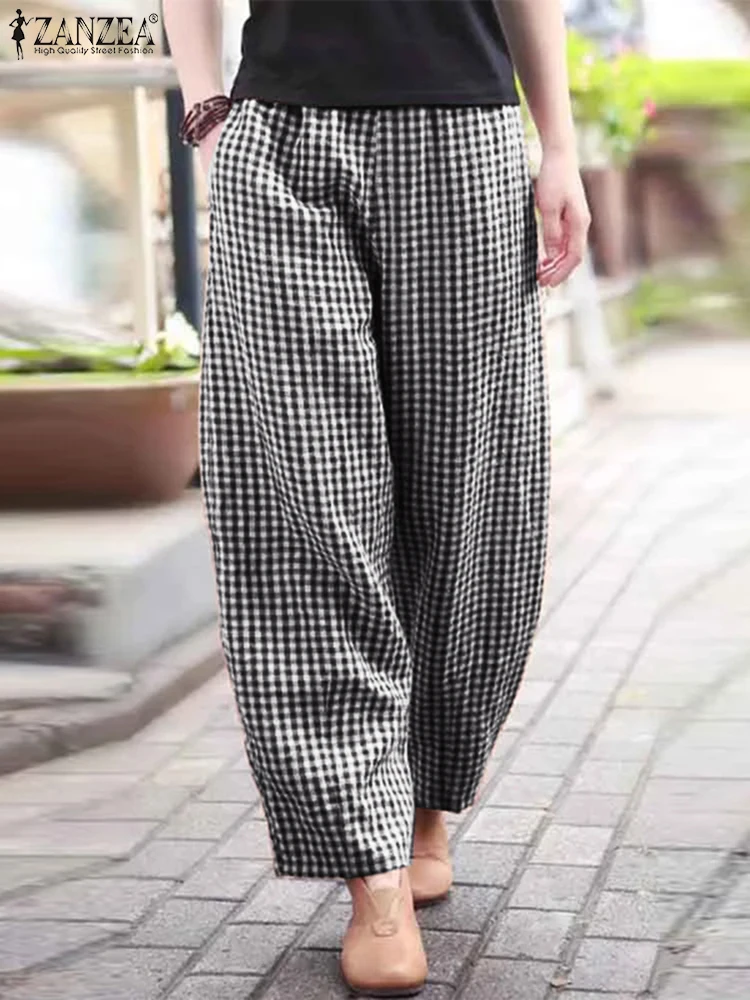 ZANZEA 2025 กางเกงลายสก๊อตผู้หญิงแฟชั่นโคมไฟกางเกงลําลองหลวมยาวกางเกงฤดูร้อนกระเป๋าเอวยางยืดกางเกงขนาดใหญ่