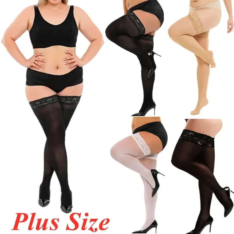 NEWJOINFUN Plus Size Women Sexy Thigh High Long Socks Stocking Oversize Lace Top Over Knee Stockings with Anti-slip Silicone