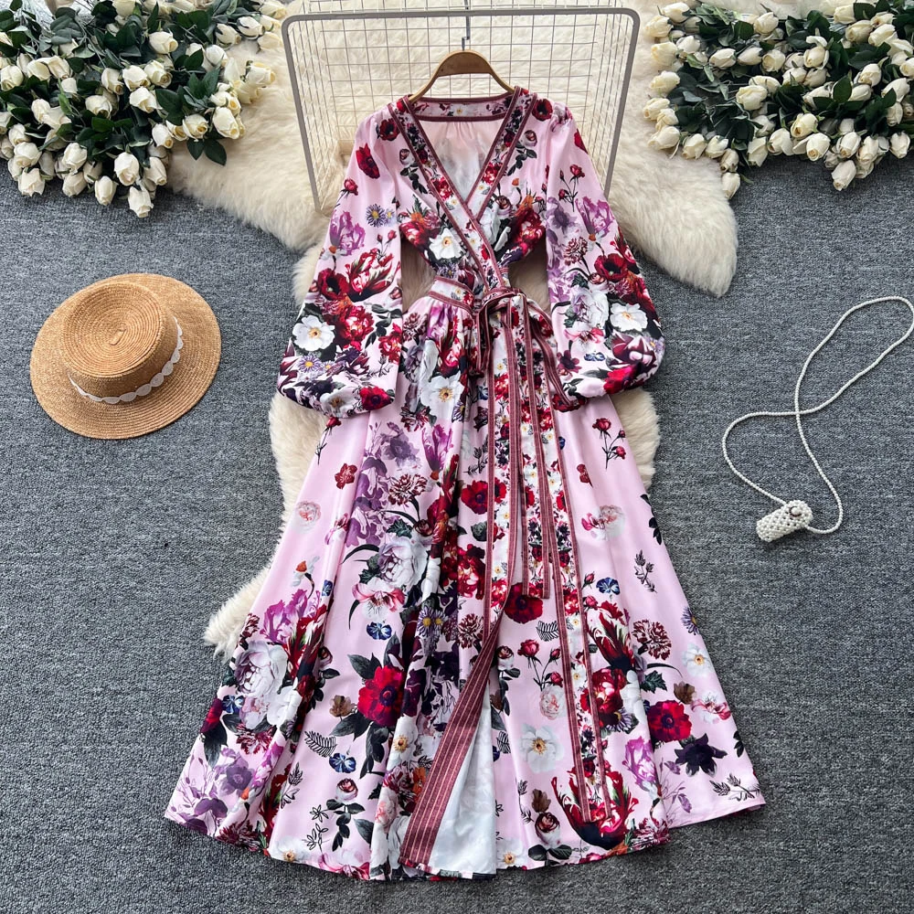 Robe rétro élégante, col en v, imprimé fendu, manches longues, décontractée, taille haute, vêtements pour femmes, robes de cérémonie