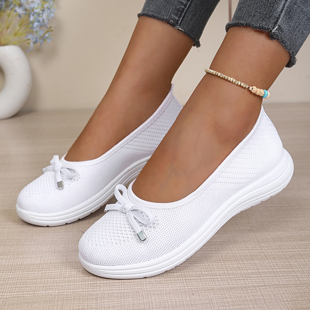 Pull-on Breathable Hollow Knit Ballet Loafers, Integrated Tiny Decorative Front Bow, Full White Sole All-Season Everyday Wear