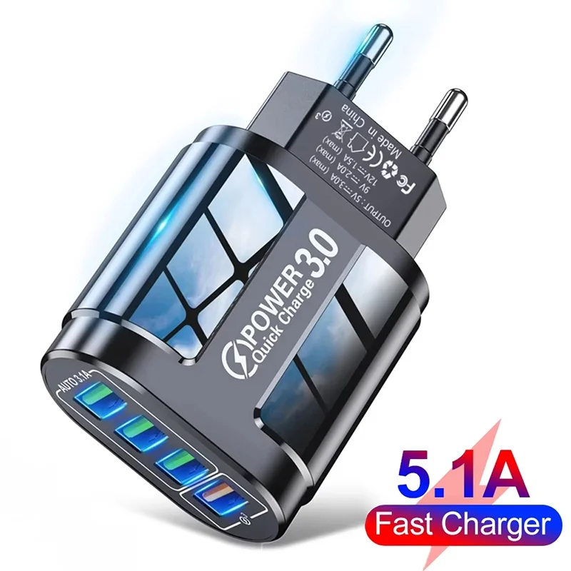 48W Quick Charger 4 Ports EU US Plug Mobile Phone Wall Travel Portable Fast Charging Suitable For iPhone Samsung Huawei Xiaomi