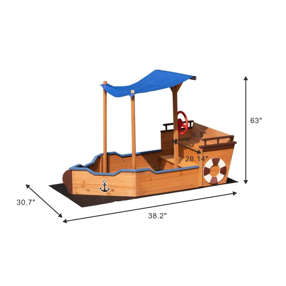 Caixa de areia de navio pirata Outsunny com tampa e leme, caixa de areia de madeira com banco de armazenamento e assento, brinquedo para crianças de 3 a 8 anos de idade