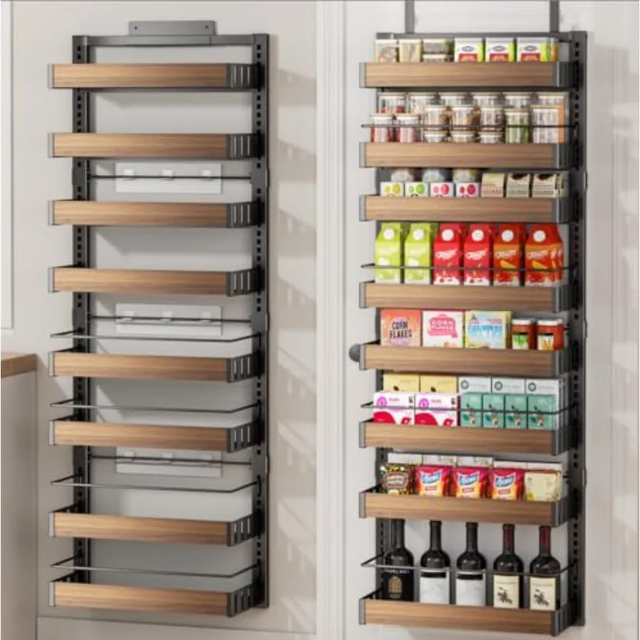

8 Tier Over The Door Pantry Organizer, 2 IN 1 Wall Mount or Hanging Spice Rack Seasoning Shelves with Adjustable Basket, Back o