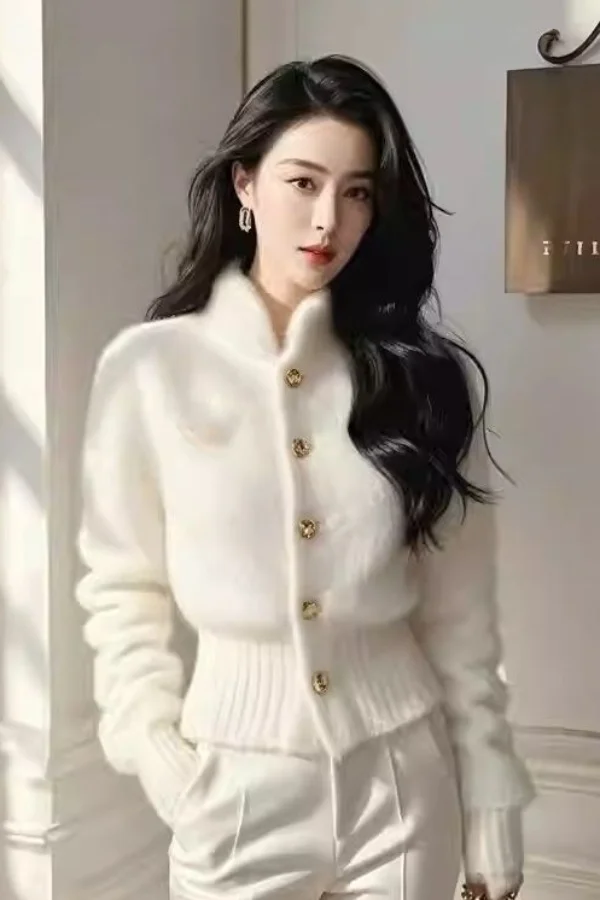 

​ ​ Элегантный белый свитер во французском стиле, кардиган, утягивающая вязаная куртка-букле, женская осенне-зимняя плотная куртка ​ ​