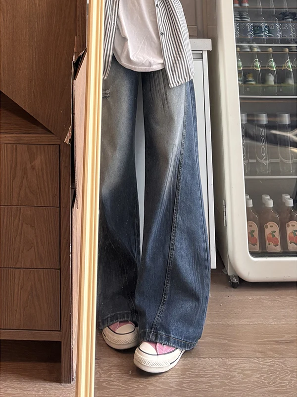 

Trendy High Street Wide Leg Jeans Men Summer Vibe Slant Cut Hole Design American Straight Tube Pants Casual Loose Fit Long Tr...