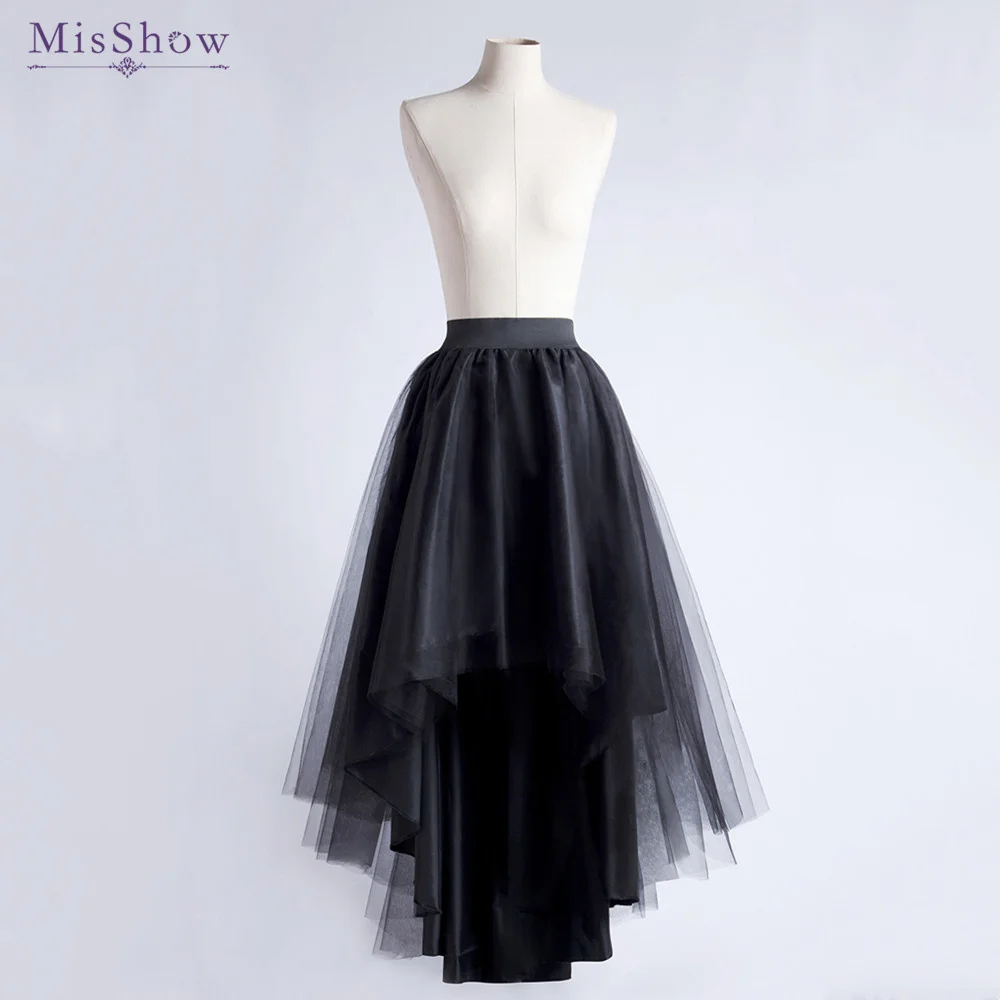 MisShow Gothic Punk Hi-Lo Tutu Skirt Women Elastic Waist High Low Tulle Maxi Dress for Party Carnival Match Rivet Jacket