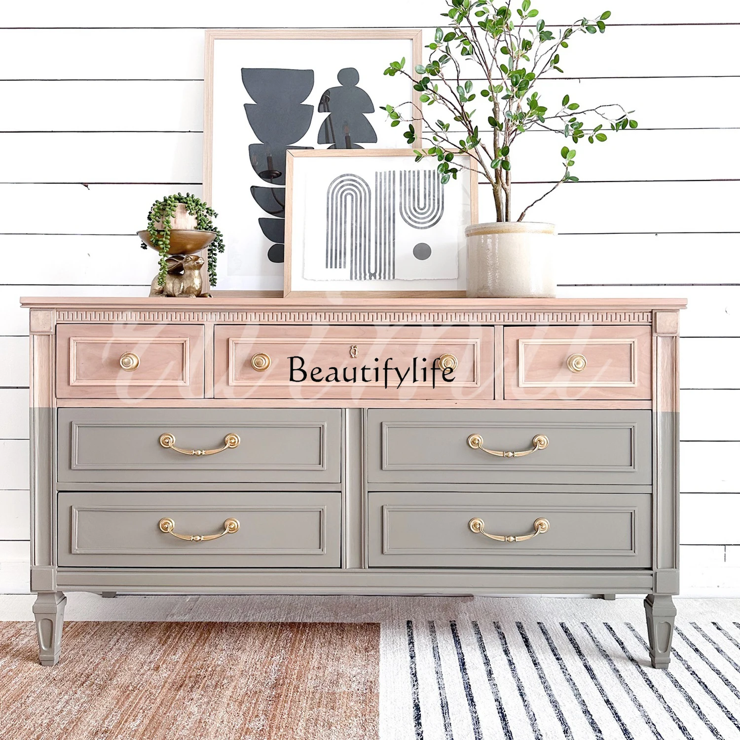 

American solid wood chest, living room entry premium gray decorative storage cabinet