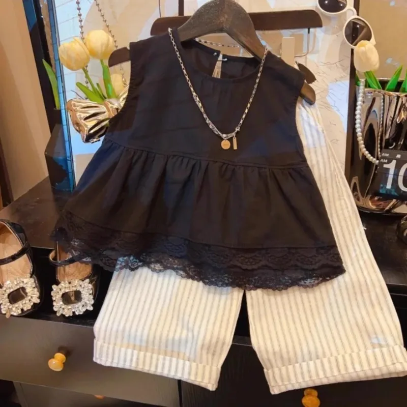 

Girls' Summer Outfit New Style Children's Lace Trim Sleeveless Vest Top and Striped Wide-Leg Pants Two-Piece Set