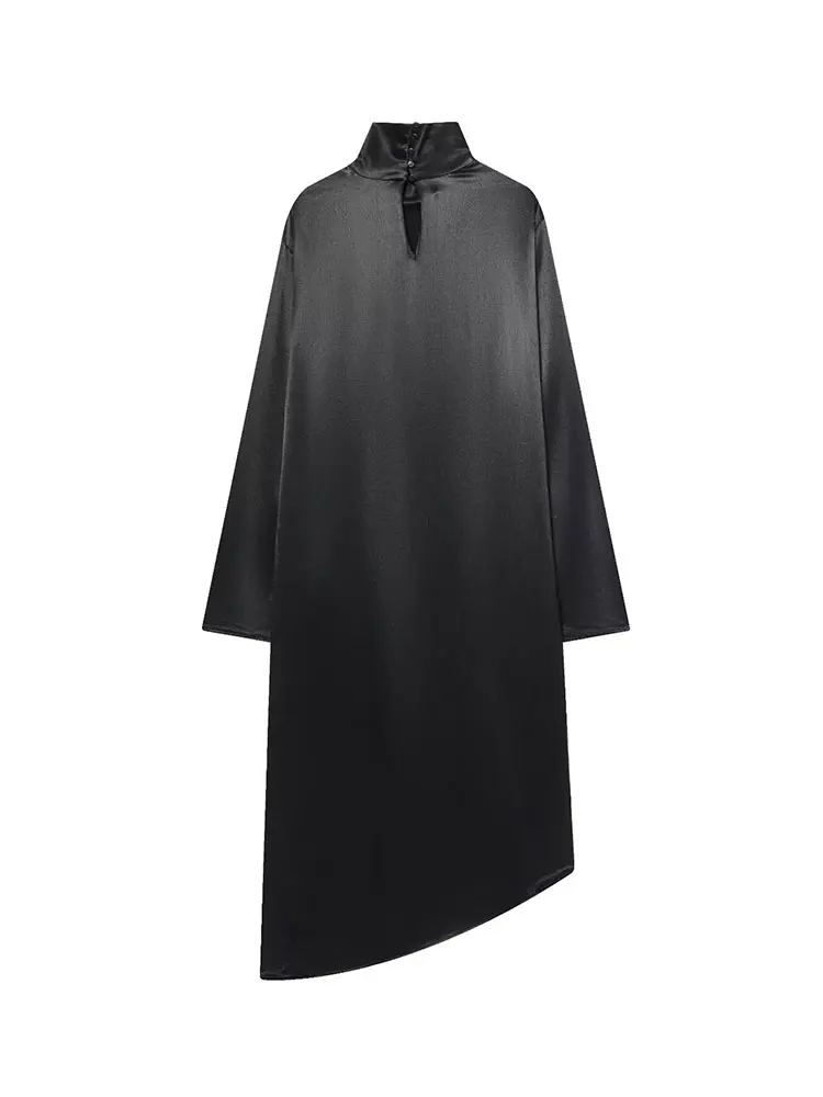 Nlzgmsj feminino blusa de cetim vestido 2025 feminino outono nova moda manga longa assimétrico vestido de rua alta