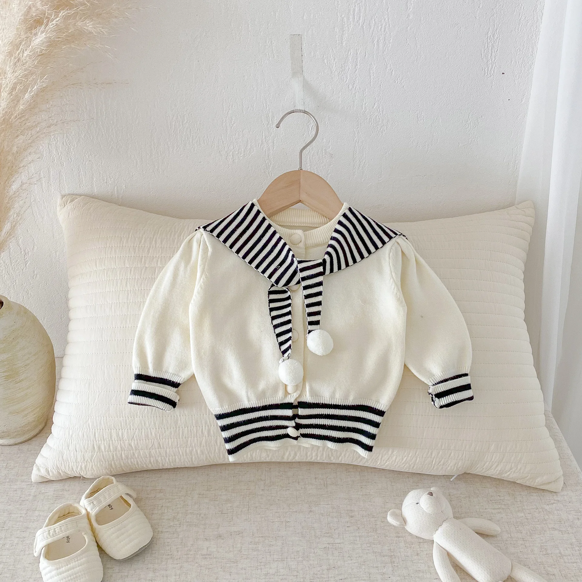 2025秋冬ベビーストライプネイビー襟カーディガンニットセータートップスセーター女児韓国風服