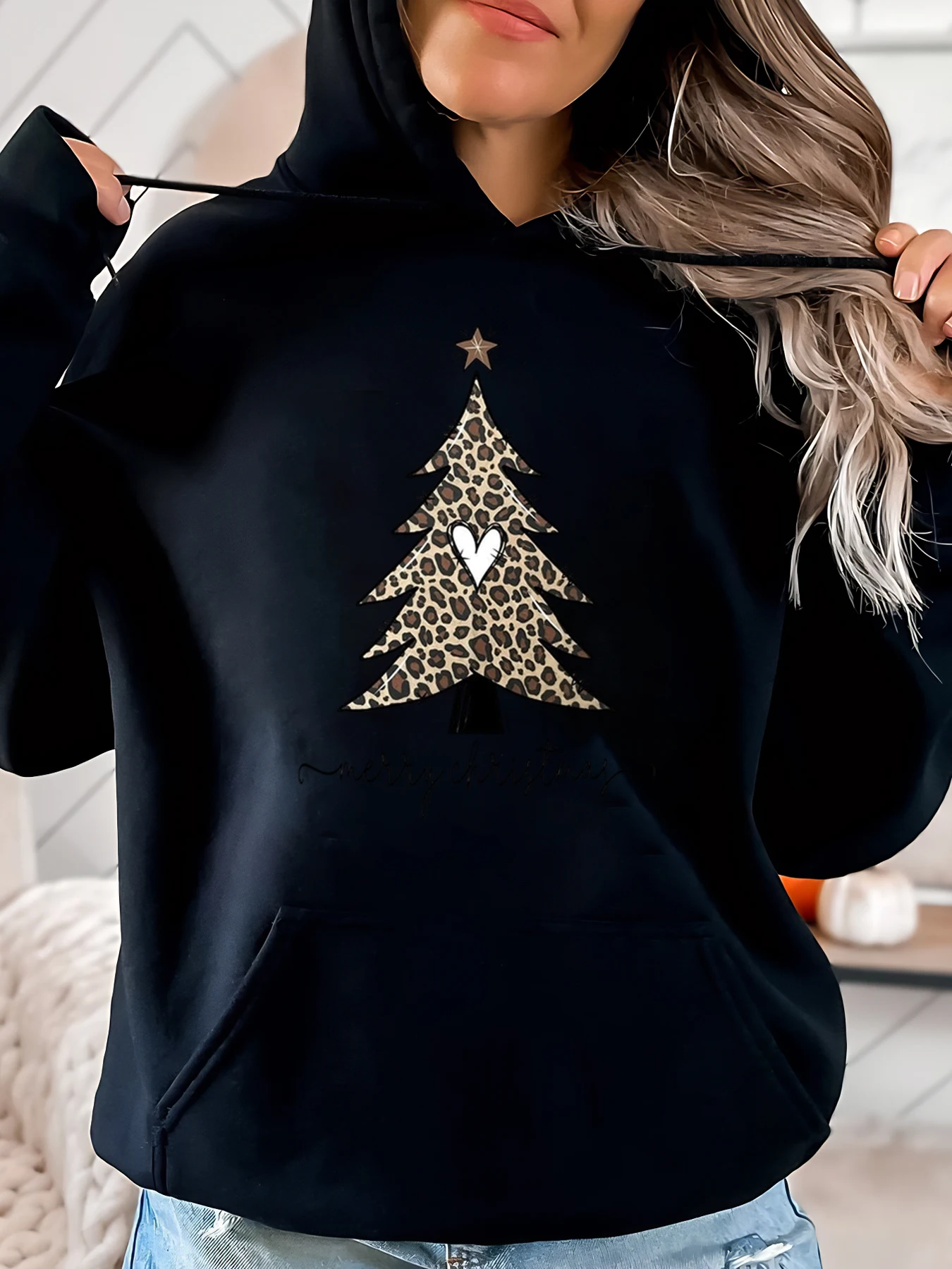 Felpa con cappuccio a forma di cuore con albero di Natale con stampa leopardata Abbigliamento casual da donna per le vacanze Nero Taglie forti