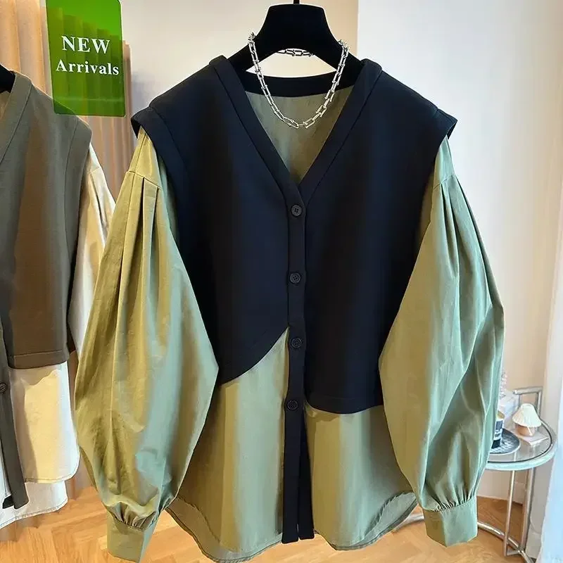 

V-neck Retro Fake Two Blouse Women Autumn Comfortable Oversized Elegant Sense Fashion Patchwork Vintage Shirt