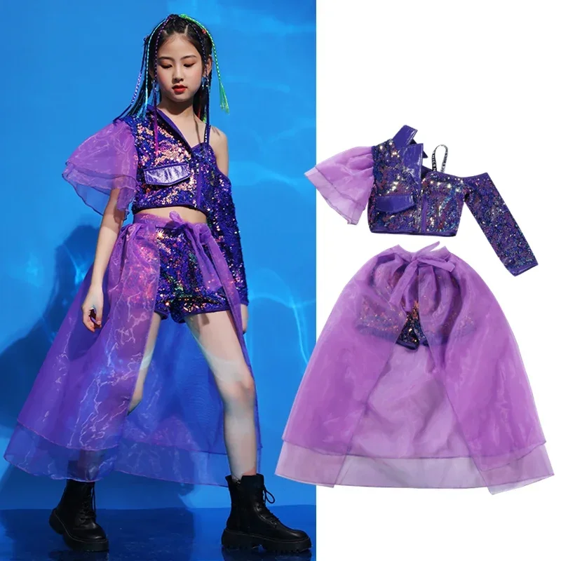 Fashion Kids Sequin Mesh Suits Costume Children Show Clothes Hip Hop Girl'S Jazz Performance Outfit Model T-Stage Clo MN12