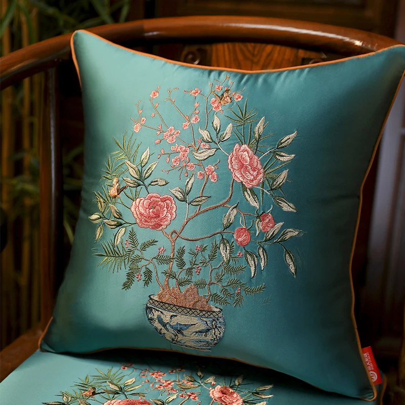 Chinese Vase Pillows Luxury Embrodiery Cushion Case Vintage 45x45 50x50 Decorative Pillow Cover For Sofa Chair Home Decorations