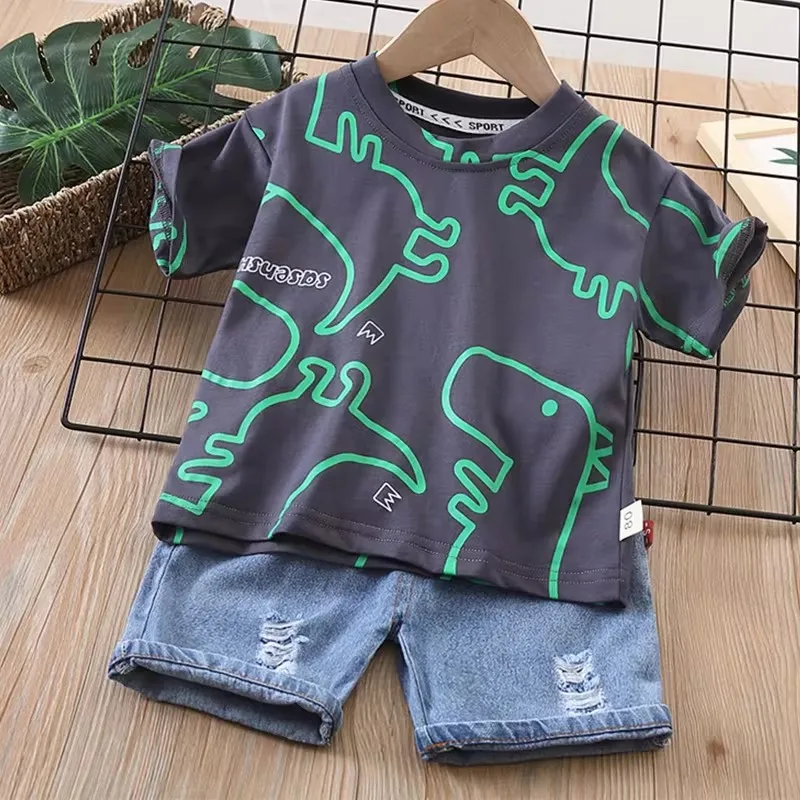 

Summer Baby Boys Clothing Suits Childrens Set Dinosaur Print Tshirt+Denim Shorts 2 Pcs/sets Fashion Children'clothes