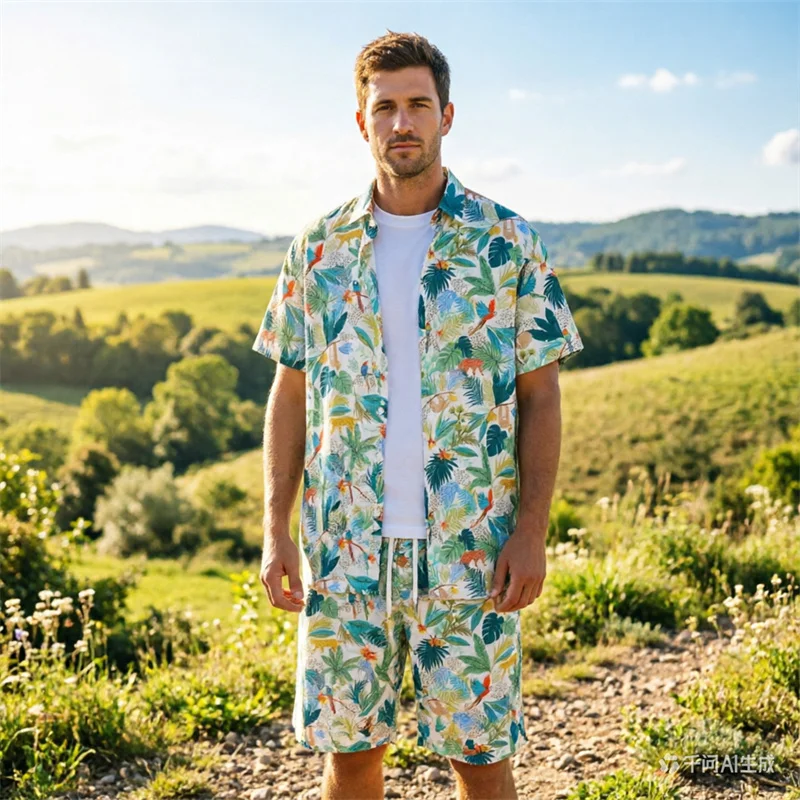 Men'ssummer Tropicalprinted Short Sleeved Shirt and Shorts Setcasual and Fashionablesuitable for Beach Vacationsand Dailyoutings