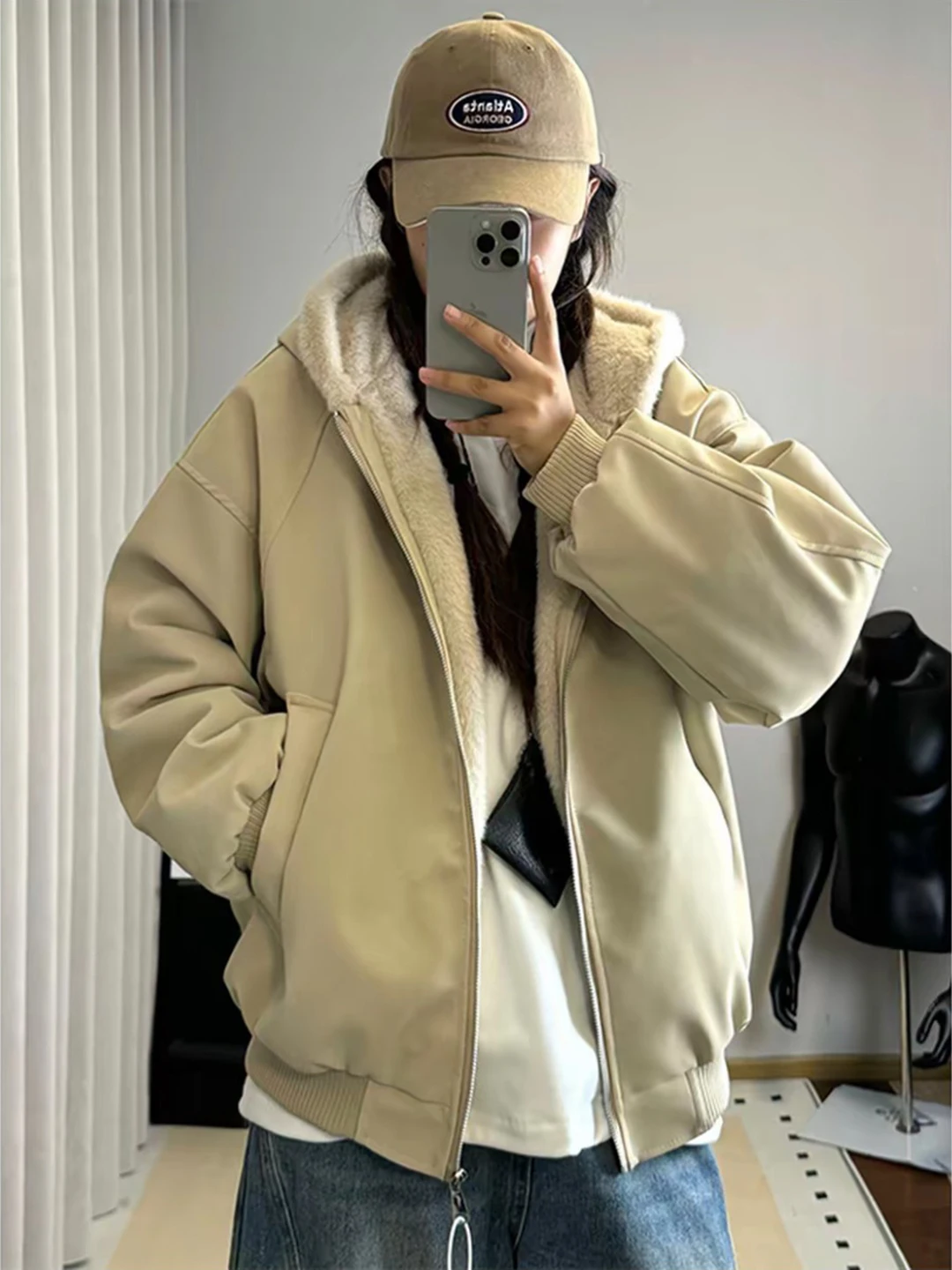

Litchi Pattern PU Leather Fce Lined Jaet ort Thiened Winter Coat for Men And Women with Fur Collar American Sle