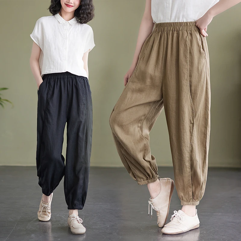 

Casual Cotton Linen Patchwork Lantern Pants Loose Waist Wide Leg Harem Pants Summer Women's plus Size Clothing High Waist