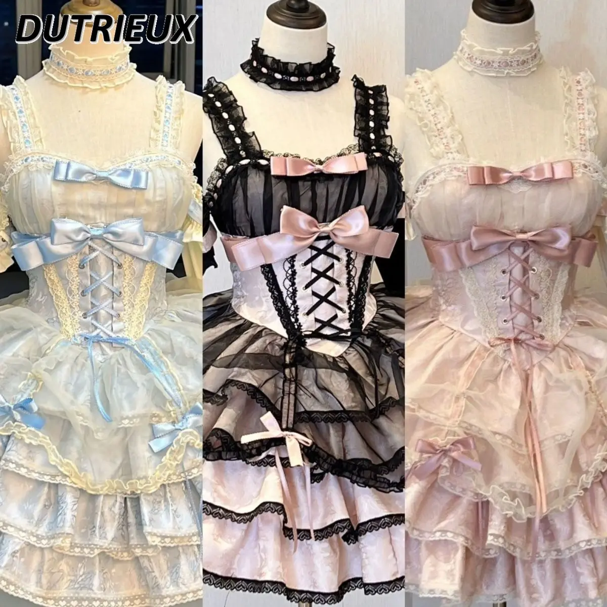 

Japanese Lolita JSK Sweet Pure Suspender Birthday Dress Cute Girls High Waist Bow Lace Up Short Dresses and Sleeves Set