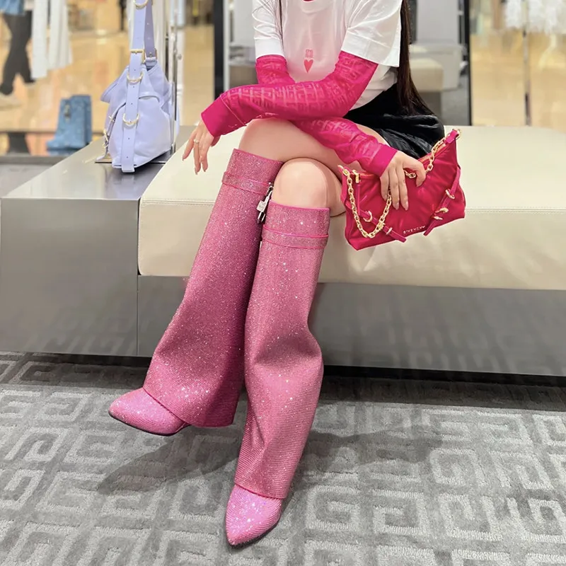 New Y2K Sparkly Rhinestone Women Knee High Boots, Glitter Pink Pointed Toe Straight Tube Wide Leg Tall Fashion Boots for Party - view 3