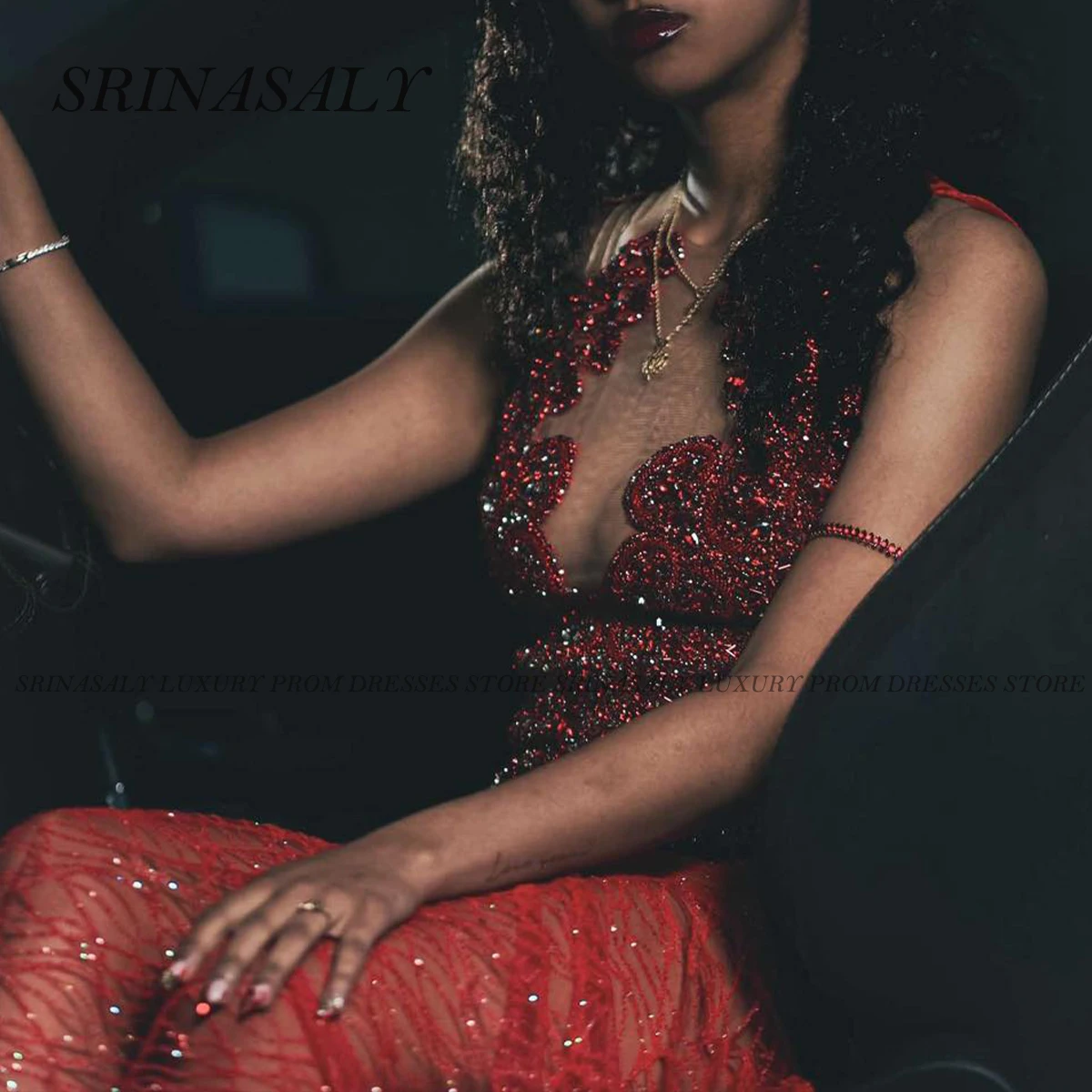 흑인 소녀를위한 맞춤형 라인 석 레이스 인어 댄스 파티 드레스 다이아몬드 반짝이 민소매 크리스탈 구슬 이브닝 가운 가운