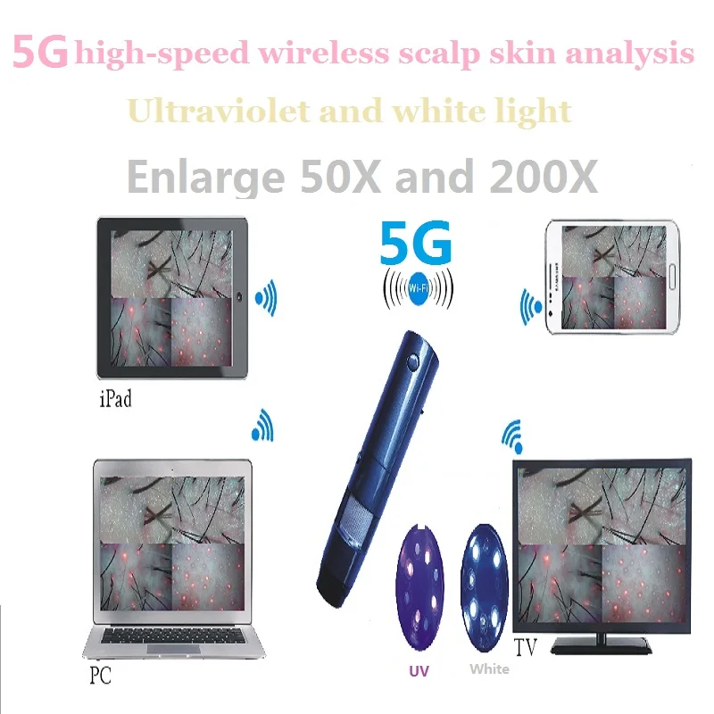 เครื่องมือวิเคราะห์สภาพผิวด้วย WiFi 5G เครื่องวิเคราะห์หนังศีรษะด้วยแสงยูวีสีขาวคุณภาพของผิวเครื่องทดสอบอัจฉริยะ50X 200X