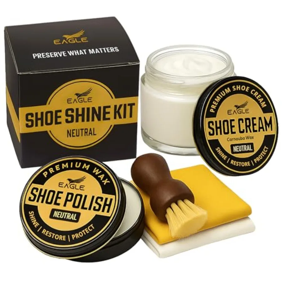 

Eagle Shoe Shine Kit Neutral 5 Piece Leather Shoe Polish and Cream Set with Brush and Cloths Beeswax Waterproof Polish + Carnau