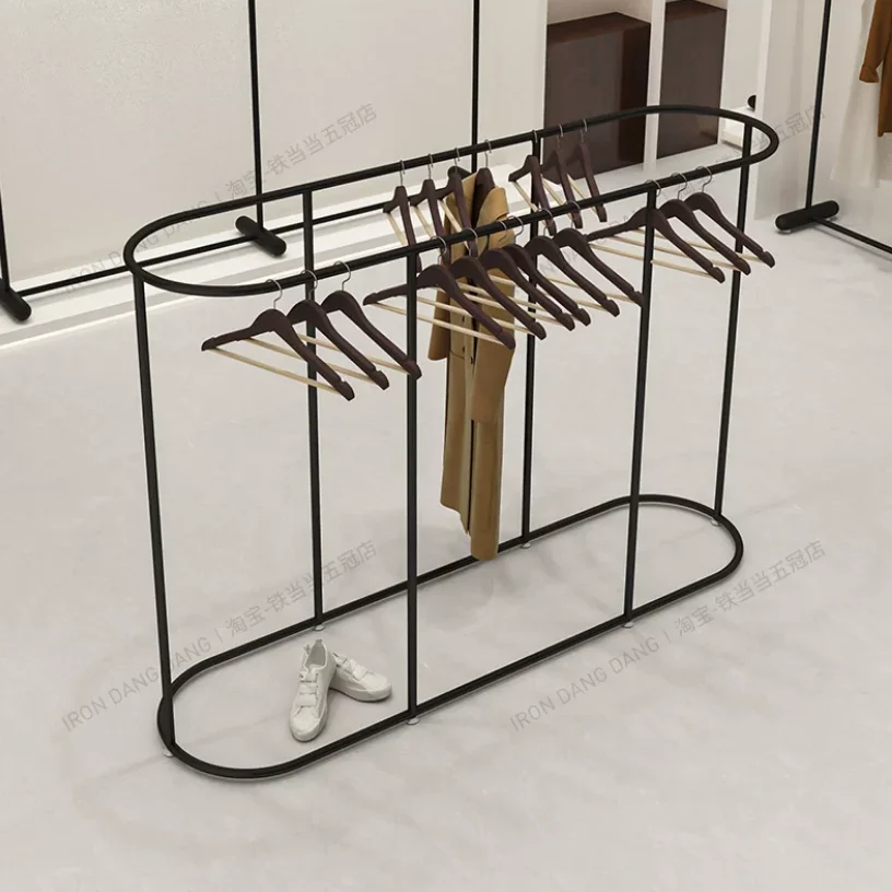 

Черная островная полка, напольная полка, минималистичная витринная полка для магазина одежды, двухрядная полка, средняя полка, полка с двойной перекладиной.