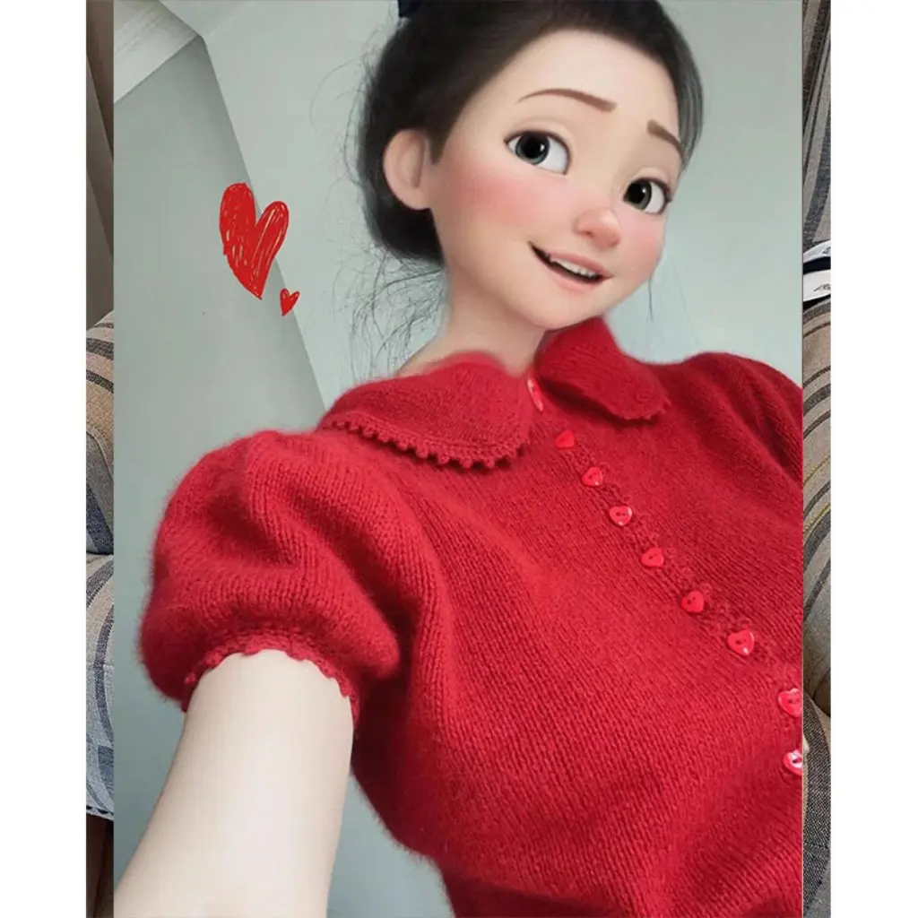 

Red Knitwear European Hot Style Design Puff Sleeves Small Lapel Super Short Sleeve Top for Women Fashionable Casual Wear