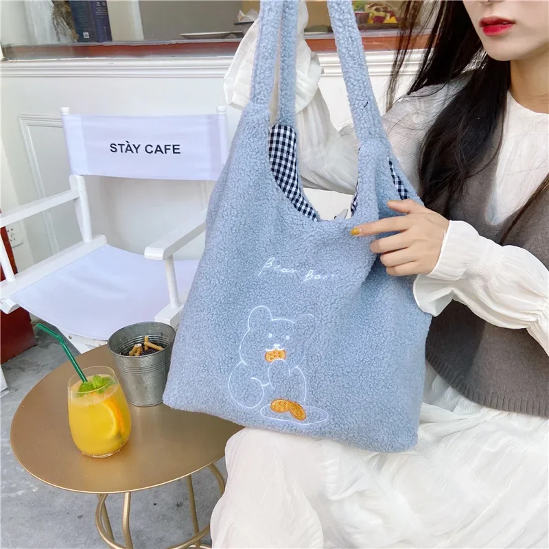 Youda Hot Women Tote Handbags Casual Large Capacity Ladies Plush Shoulder Bag Cute Little Bear Fashion Female Student Schoolbags