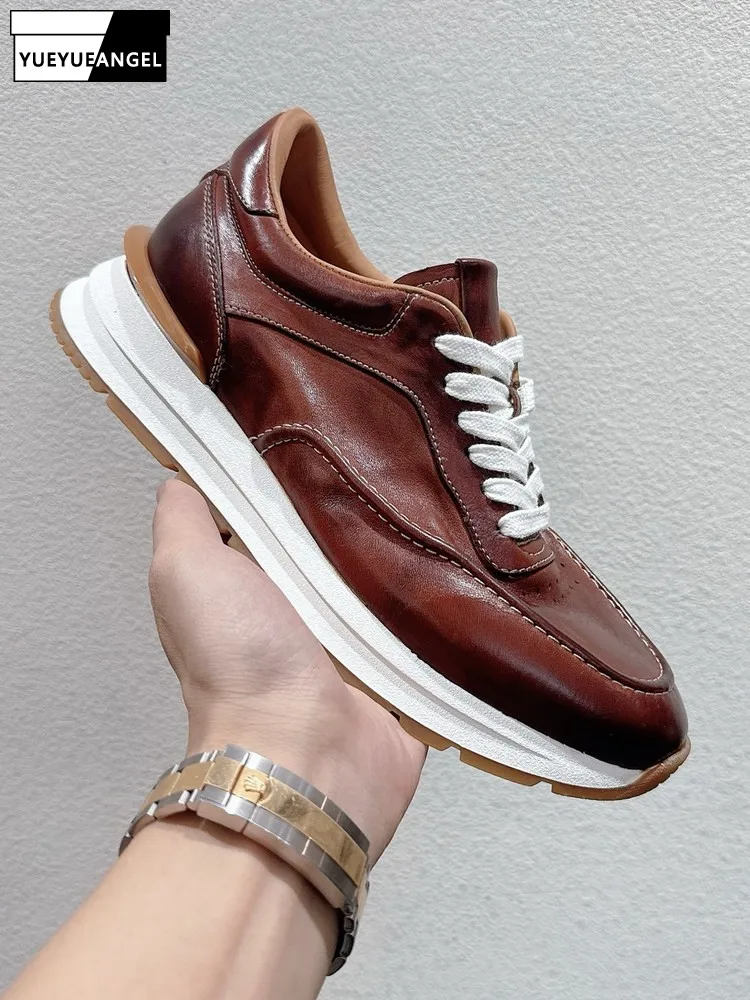 Fashion Mens Casual Outside Joggers Trainers Sneakers Lace Up Thick Platform Cowhide Genuine Leather Shoes Breathable Footwear