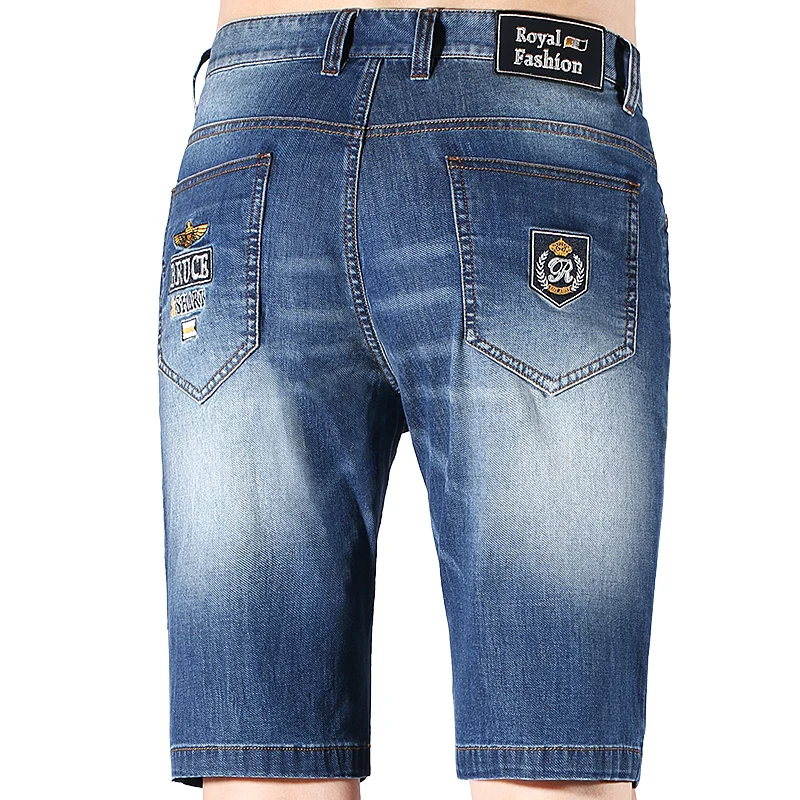 New Summer Blue Denim Shorts Men Bruce&Shark Middle-waisted Ripped Knee Length Jeans Casual Fashion Stretch Straight Big Size 42