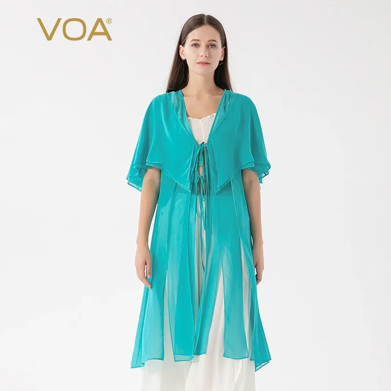 (Fans Exclusive Discount) VOA Silk Light Blue Lightweight Strap Raglan Flying Sleeves Loose Elegant Sunscreen Cardigan FE393