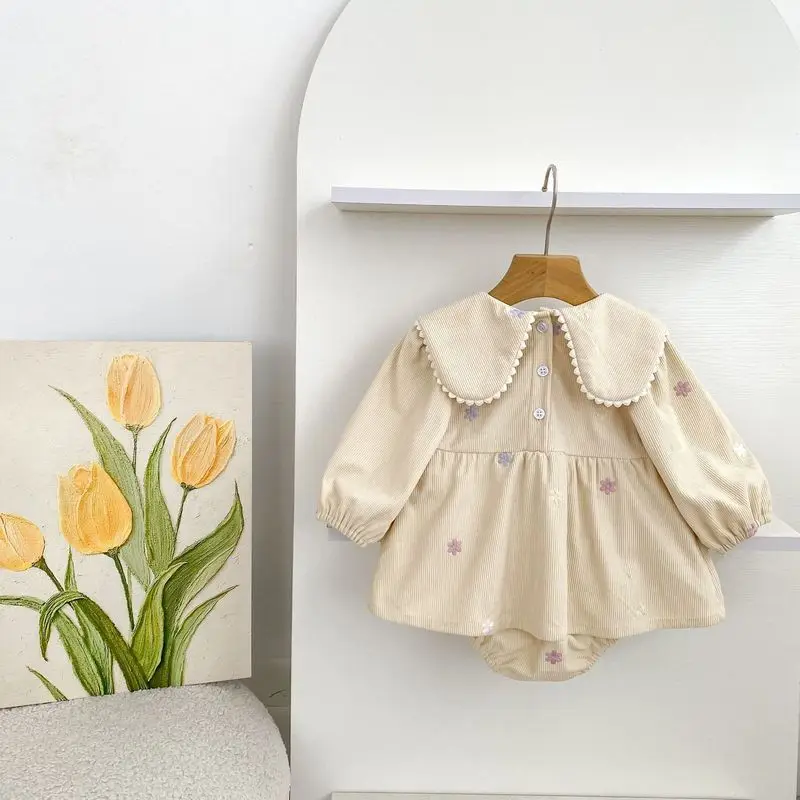 Baby Girls Corduroy Romper Dress Large Collar Floral Embroidery Long Sleeve Spring Autumn Outfit