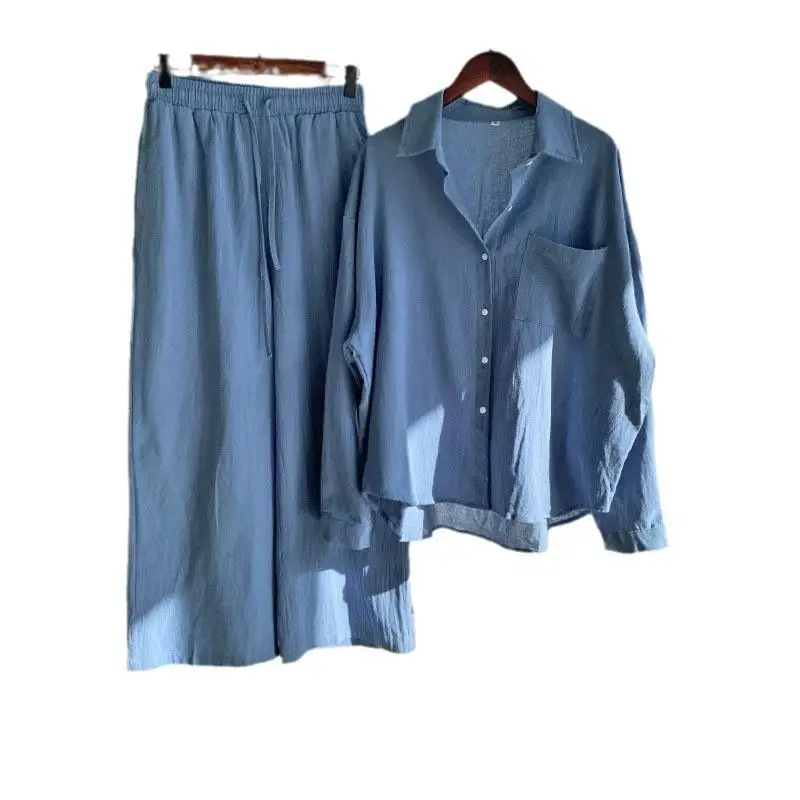 Women's plus Size Cotton Linen irt Set High Waisted Tee Piece Suite Long Sve Pure Color Spring Faion for Adults