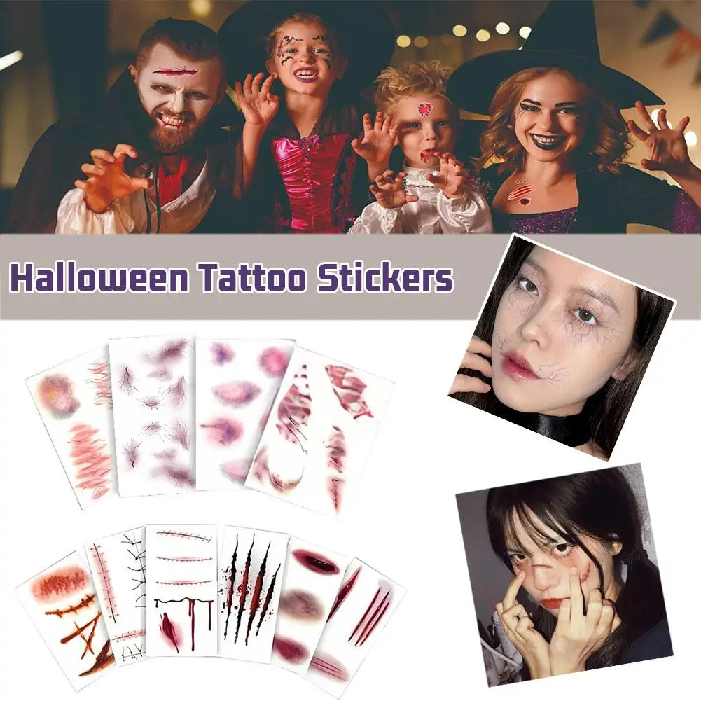 4/6PCS Halloween Tattoo Sticker Horror Bloody Wound Event Party Temporary Zombie Art NEW Scar Body DIY Tattoos Makeup Water Y5O9