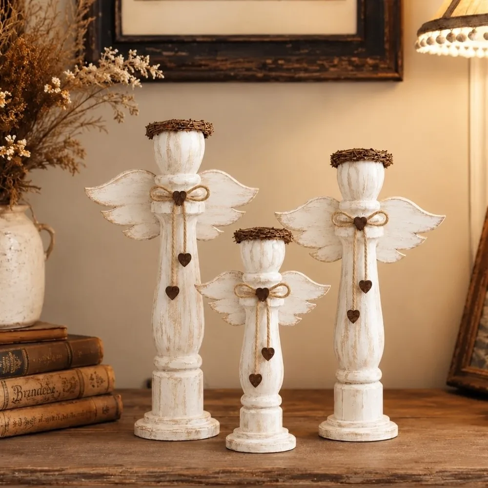 3Pcs Vintage Angel Figurine Set Farmhouse Rustic Shelf Decor Carved Wings Heart Charm Tabletop Ornament Living Room