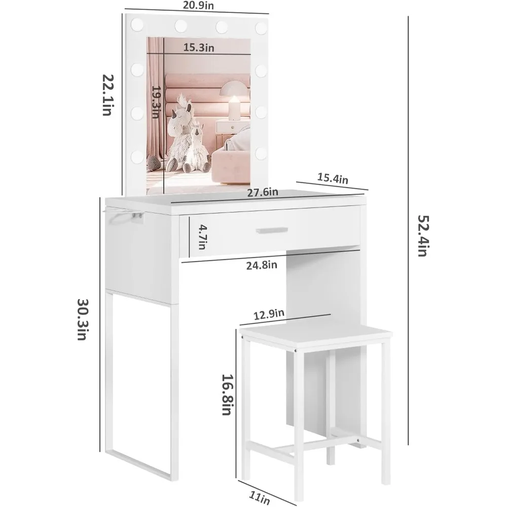 Marnost líčení psací stůl s zrcadlo a světel, marnost stůl a židle sada, jas nastavitelný, malý dressers pro dívčí ložnice