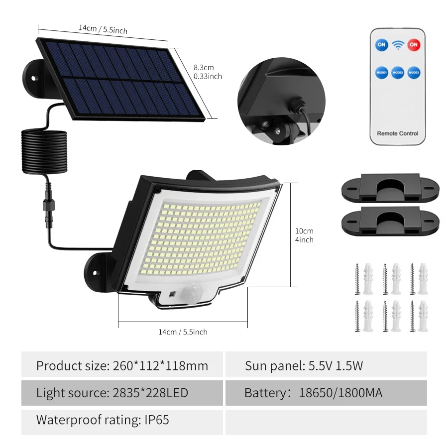 228LEDs Outdoor Solar Lights LED Spotlight Sunlight Powered Wall Lamp Motion Sensor Remote Control Garden Yard Street Lighting