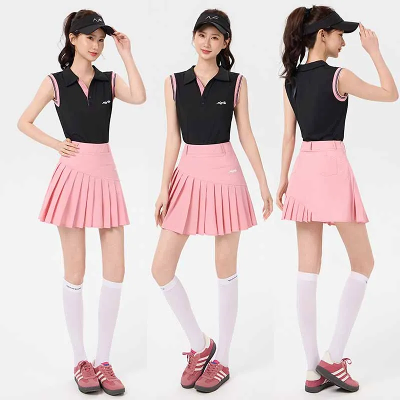 niefle-レディース-ノースリーブ-ゴルフ-ポロシャツ-夏用-vネック-スリムトップス-速乾性-レディース-ゴルフ-プリーツスカート-aライン-カジュアル-スコート-s-xl