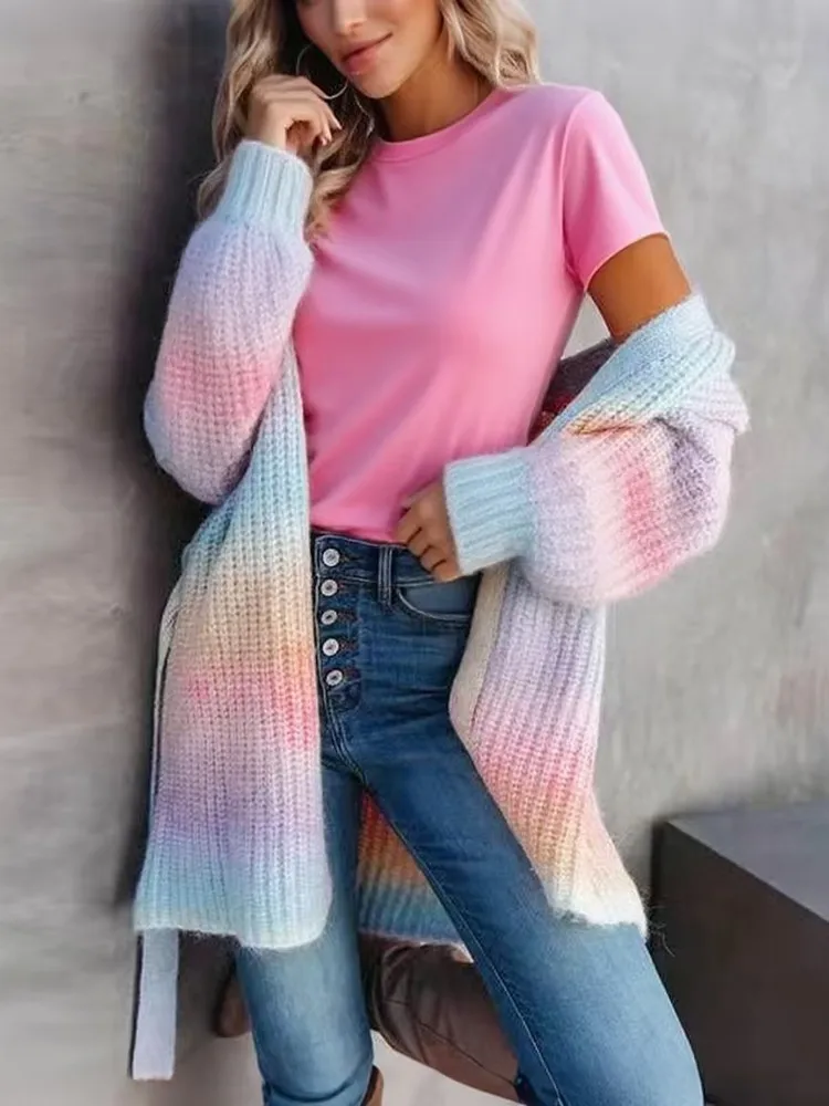 

Women Knit Cardigan Sweater Coat 2025 Autumn Winter Long Sleeve V-Neck Print Button Top Knitwear Female Outerwear Jacket