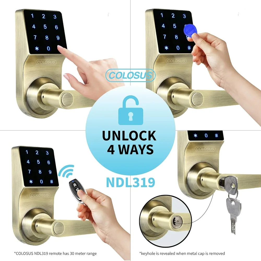 COLOSUS NDL319 Electronic Trusted Digital Keyless Door Lock for Home & Office Security, Touchscreen – 50 User Codes + 4 Key Fobs