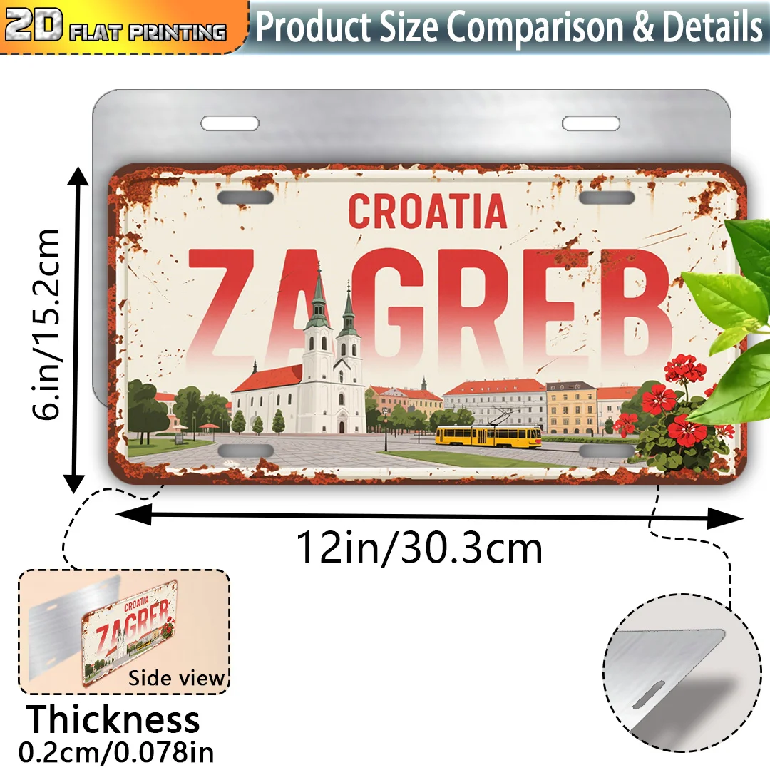 2D Flat, 1pc Vintage Zagreb Croatia Aluminum Sign - 15.24x30.48 cm Rustic European Cityscape Wall Art, Durable Outdoor/Indoor De