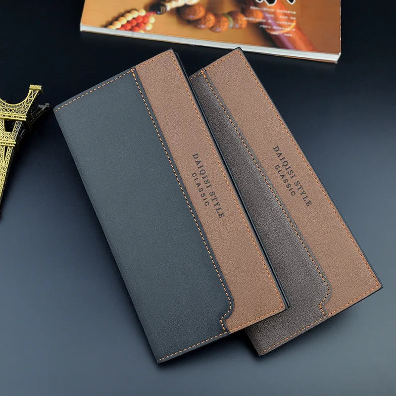 Men's Long Wallet Fashion Splice Color Block Slim Soft Leather Multi-Card Slot Money Clip Suit Bag for Younger Men