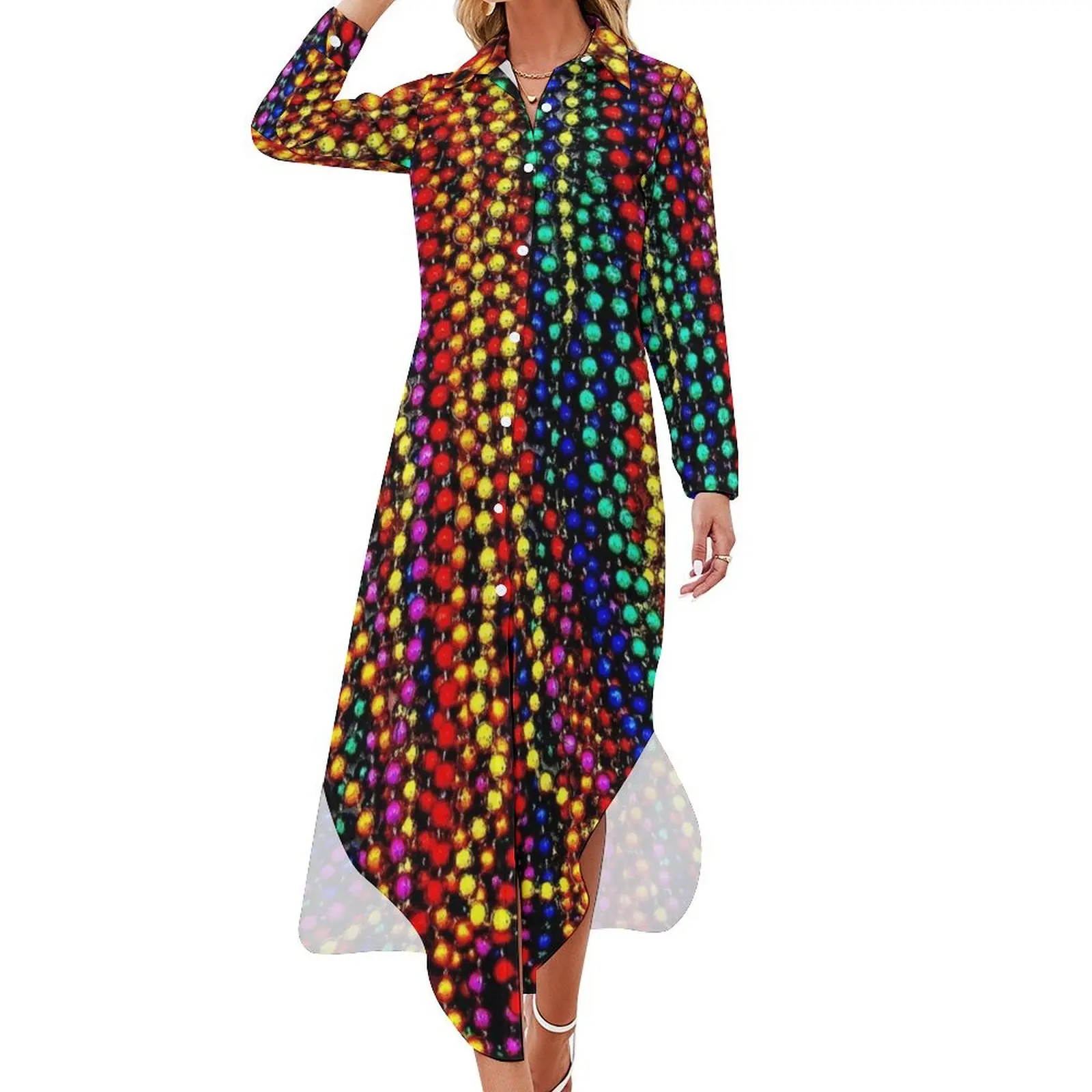 

MARDI GRAS :Colorful Beads Print Long Sleeved Shirt Dress Dress woman dress women summer elegant dresses plus sizes