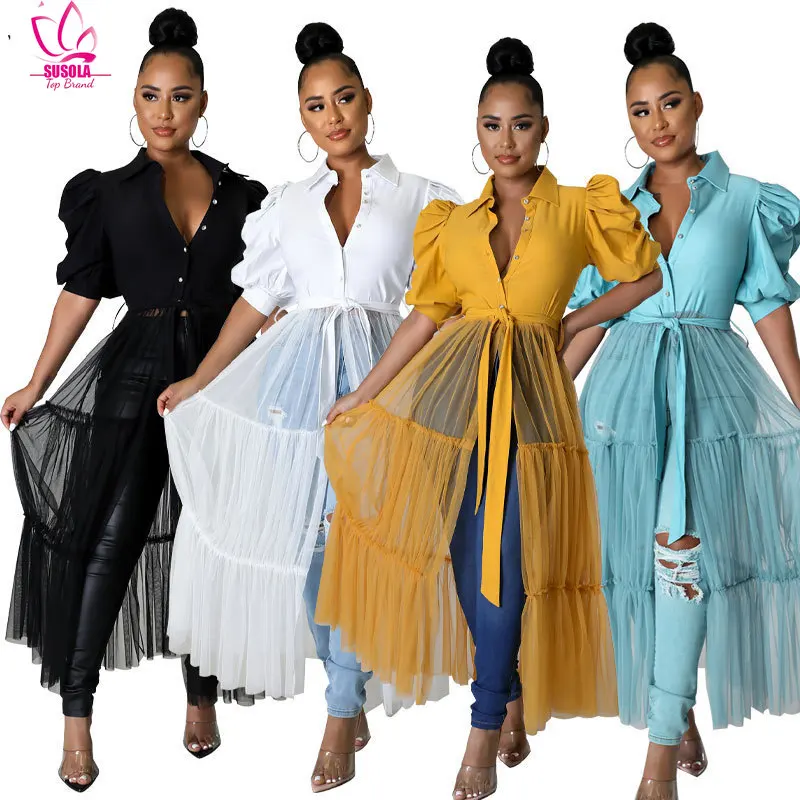 SUSOLA Women Elegant Mesh Patchwork Lantern Short Sleeve High Waist Single Breasted Shirt Style Long Maxi Dress Lady Summer