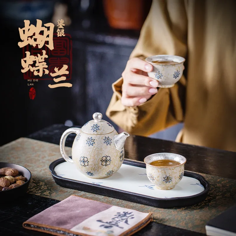 Luxury Tea Ceremony Tools Antique Glazed Pot and Two Cups Sterling Silver Tea Set, National Trend Style Simple Conference Gift